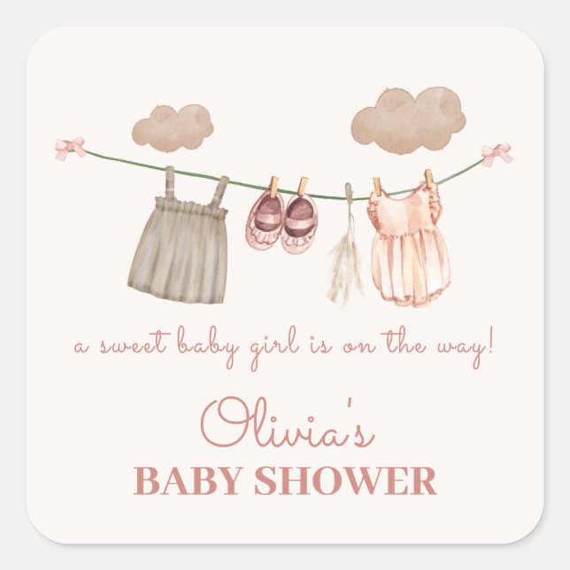 Sweet Neutral Pink Boho Baby Girl Clothes Shower Square Sticker (Front)