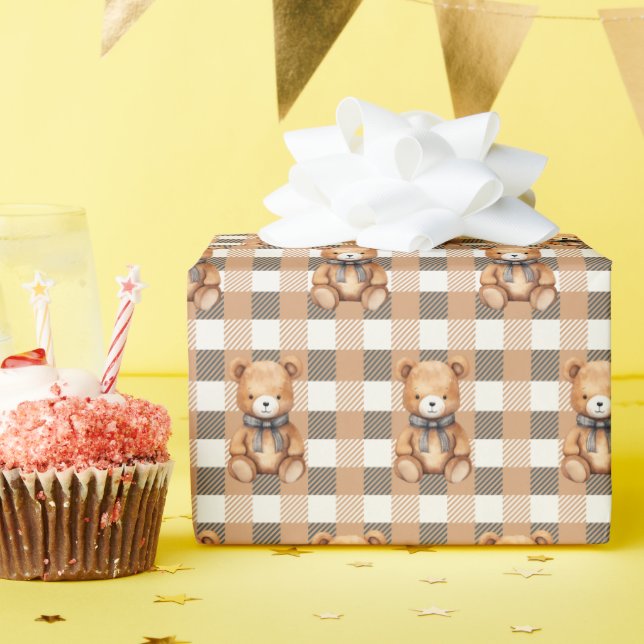 Sweet Neutral Teddy Bear Plaid  Wrapping Paper (Birthday Party)