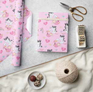 Sweet New Baby Girl and Stork Wrapping Paper