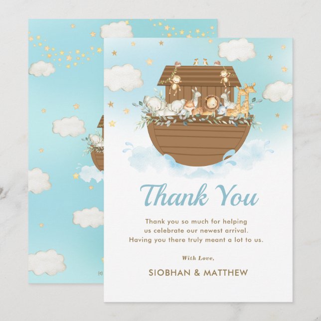 Sweet Noah's Ark Blue Boy Baby Shower Sprinkle Thank You Card (Front/Back)