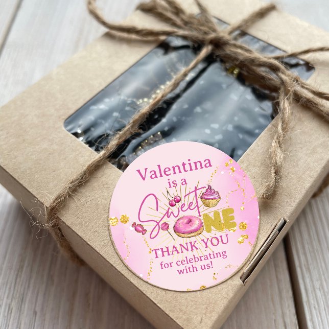 Sweet One 1st Birthday Pink Gold Favour Thank You Classic Round Sticker (Creator Uploaded)