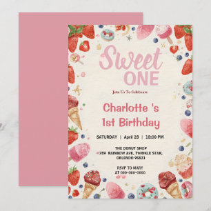 Sweet One 1st Birthday Strawberry Doughnut Ice Cre Invitation