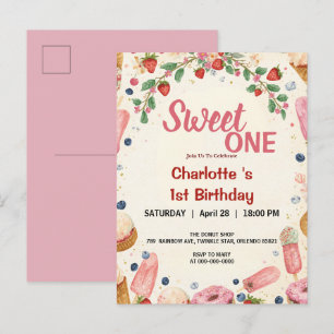 Sweet One 1st Birthday Strawberry Doughnut Ice Cre Invitation Postcard