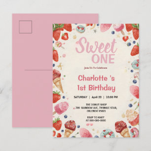 Sweet One 1st Birthday Strawberry Doughnut Ice Cre Invitation Postcard