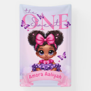 Sweet ONE Afro Puff Baby Girl Purple 1st Birthday Banner