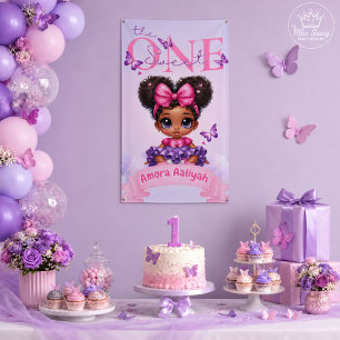 Sweet ONE Afro Puff Baby Girl Purple 1st Birthday Banner