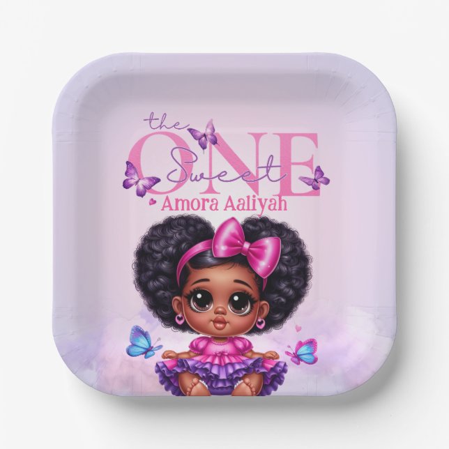 Sweet ONE Afro Puff Baby Girl Purple 1st Birthday  Paper Plate (Front)