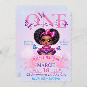 Sweet ONE Afro Puff Girl 1st Birthday Butterfly Invitation
