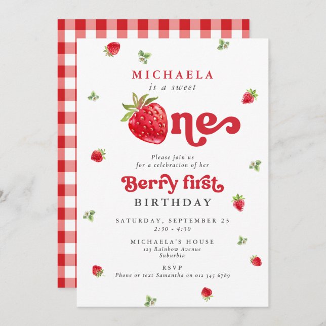 Sweet One Berry First Birthday Strawberry Gingham Invitation (Front/Back)