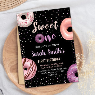 Sweet One Black Doughnut Birthday Invitations
