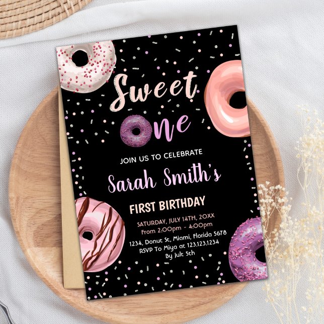 Sweet One Black Doughnut Birthday Invitations (Sweet One Black Donut Birthday Invitations)