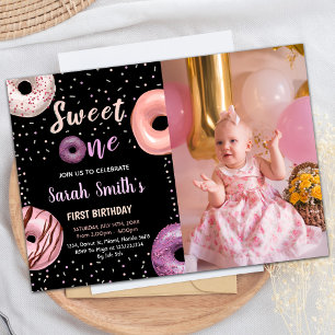 Sweet One Black Photo Doughnut Birthday Invitation