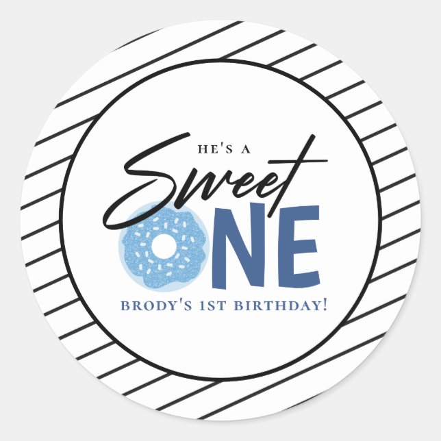 Sweet One Blue Doughnut 1st Birthday Classic Round Sticker (Front)