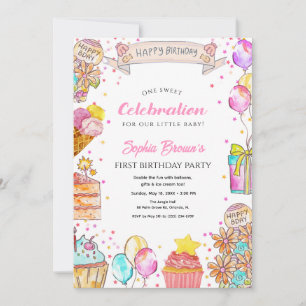 Sweet One Cake, Balloon Theme Girl 1st Birthday  Invitation