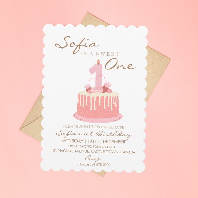 Sweet One Cake Candle Pink Girl Birthday Party 1st Invitation (Creator Uploaded)