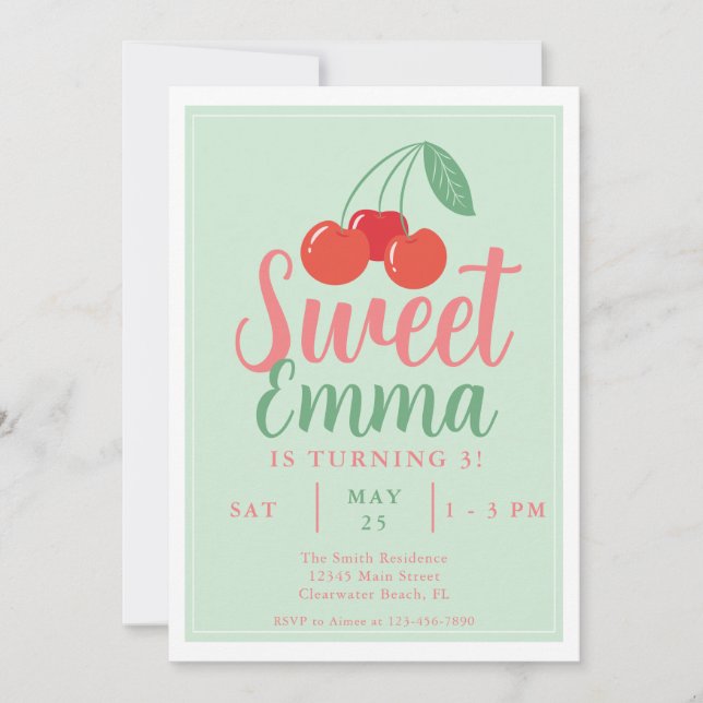 Sweet One Cherry 3rd Birthday Invitation (Front)