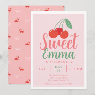 Sweet One Cherry 3rd Birthday Invitation