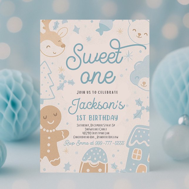 Sweet One Christmas Cookie 1st Birthday Party Invitation (Sweet One Christmas cookie first birthday boy party invitation with gingerbread and festive holiday )
