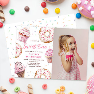 Sweet One Cupcake & Doughnuts 1st Birthday Photo Invitation