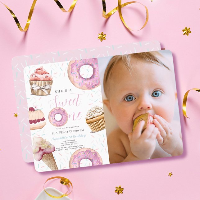 Sweet One Cupcake & Doughnuts Girl Photo 1st Birth Invitation (Creator Uploaded)