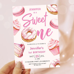 Sweet One Cute Doughnuts Pink Girl 1st Birthday Pa Invitation
