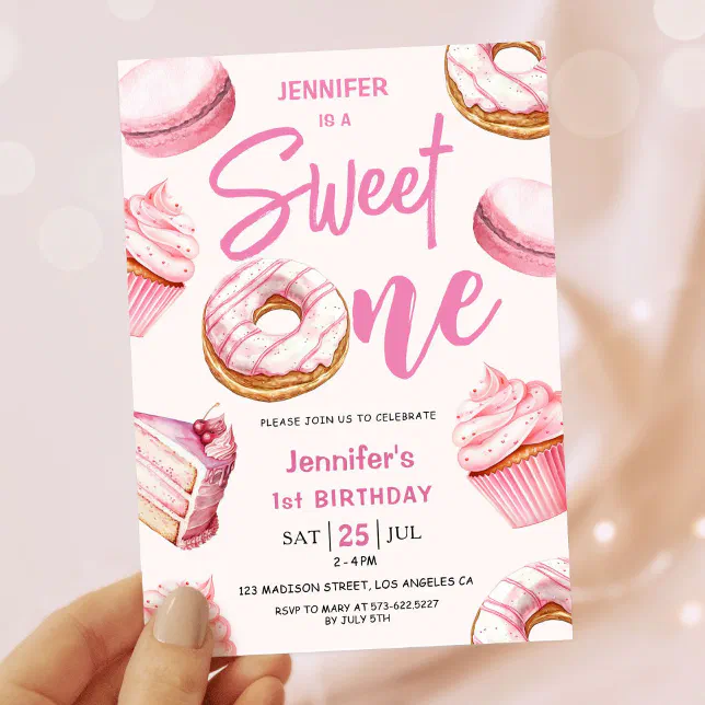 Sweet One Cute Doughnuts Pink Girl 1st Birthday Pa Invitation | Zazzle