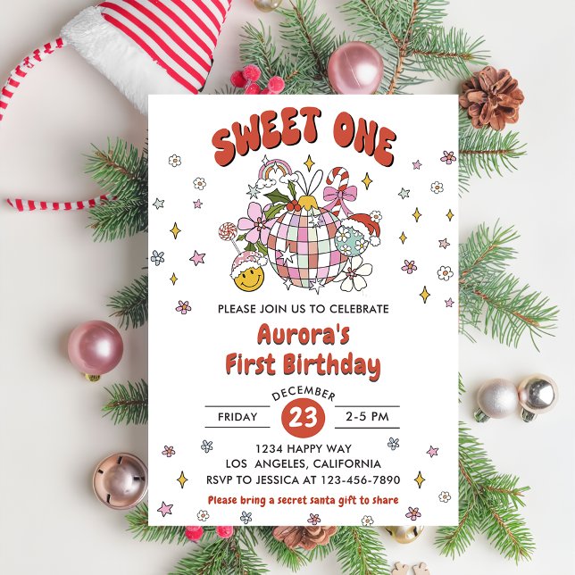 Sweet One Cute Groovy Ball Birthday Party  Invitation (Creator Uploaded)