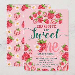 Sweet One Cute Pink Strawberry 1st Birthday Party Invitation