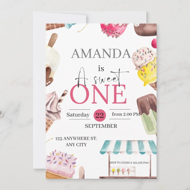 Sweet One Cute watercolor 1st birthday Invitation (Front)