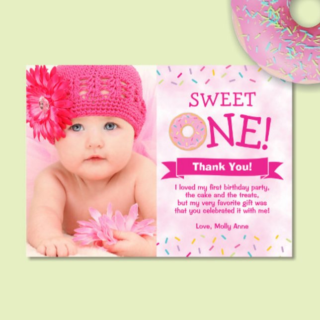Sweet ONE Doughnut 1st Birthday Girl Thank You Car Card (Creator Uploaded)