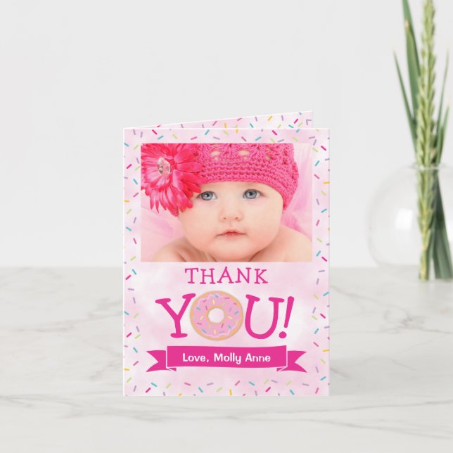 Sweet ONE Doughnut Birthday Girl Thank You Card (Front)