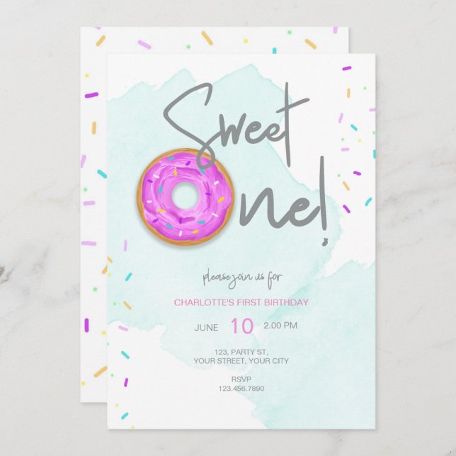 Sweet ONE doughnut birthday Invitation (Front/Back)