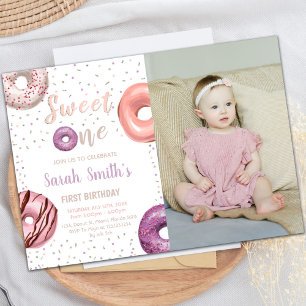Sweet One Doughnut Birthday Invitations with photo