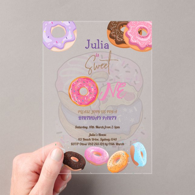 Sweet One Doughnut birthday pink Acrylic Invitations (Insitu (Handheld))