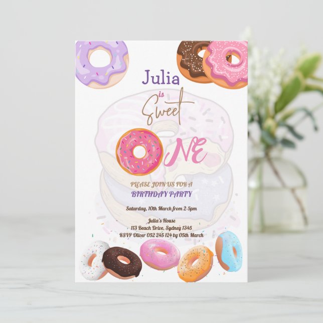 Sweet One Doughnut birthday pink Invitation (Standing Front)