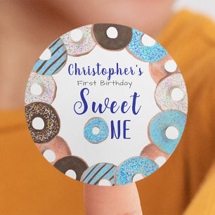 Sweet One Doughnut Blue Boy 1st Birthday Party Classic Round Sticker
