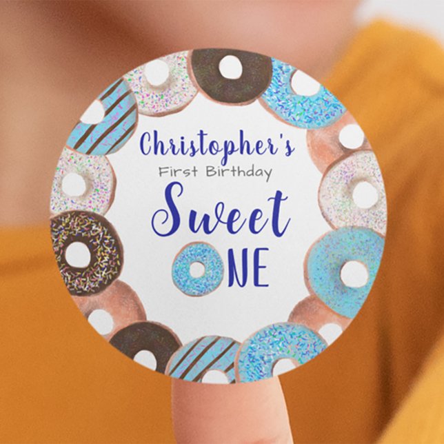 Sweet One Doughnut Blue Boy 1st Birthday Party Classic Round Sticker (Creator Uploaded)