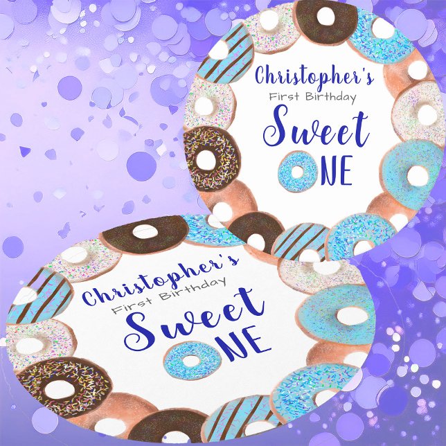 Sweet One Doughnut Blue Boy 1st Birthday Party Round Paper Coaster (Creator Uploaded)