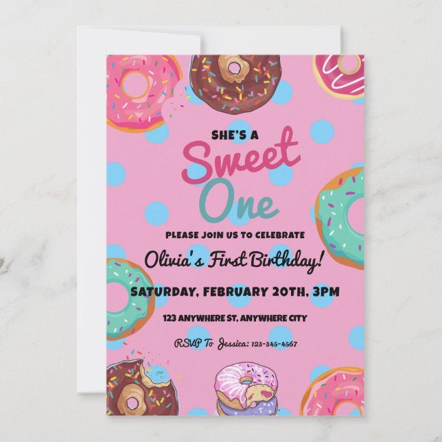 Sweet One Doughnut First Birthday Party Invitation (Front)
