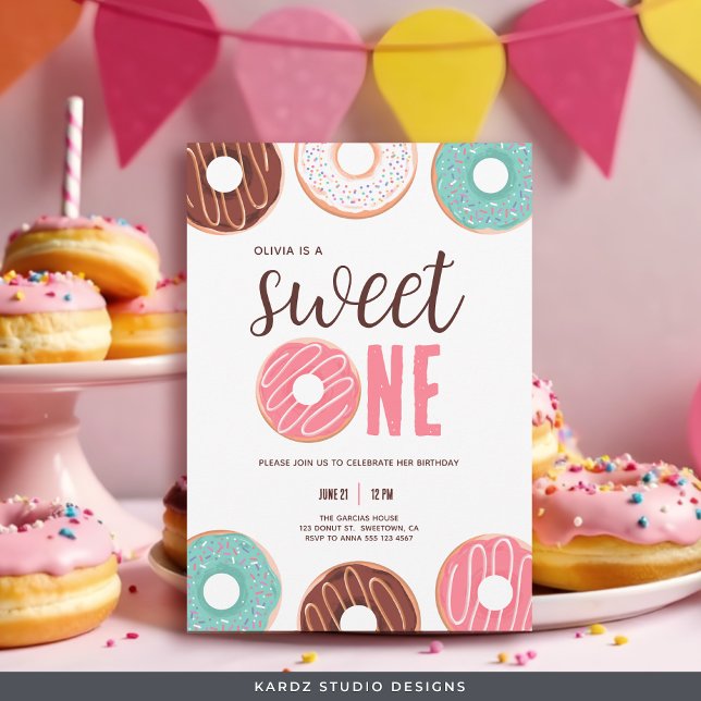 Sweet One Doughnut Girl 1st Birthday Invitation (Invite shown in 5 x 7 in. with square corners, personalize and choose style and paper before buying.)