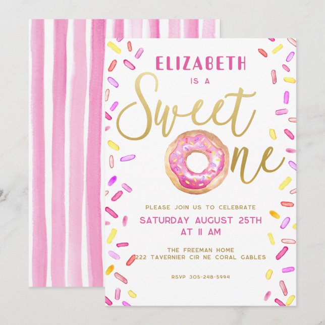 Sweet One Doughnut Girl 1st Birthday Party Pink Invitation (Front/Back)