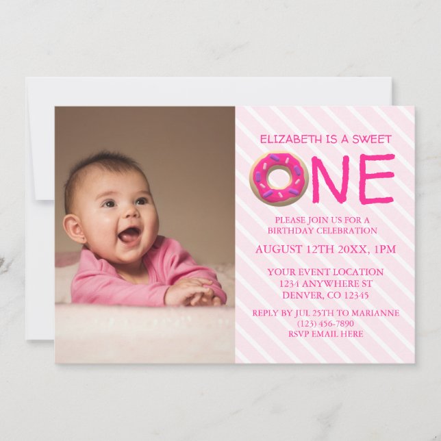 Sweet One Doughnut Girl 1st Birthday Photo Invitation (Front)