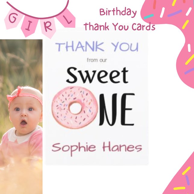 Sweet One Doughnut Girl's 1st Birthday Thank You C Card (Creator Uploaded)