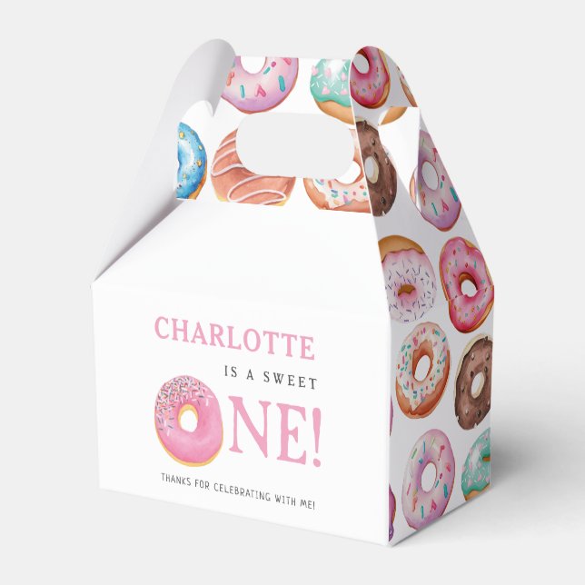 Sweet One Doughnut Pink 1st First Birthday Party Favour Box (Front Side)