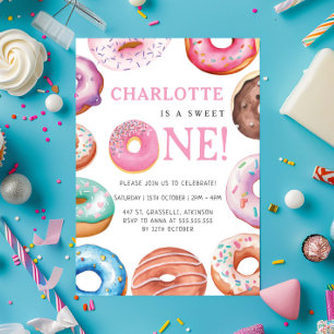 Sweet One Doughnut Pink 1st First Birthday Party Invitation