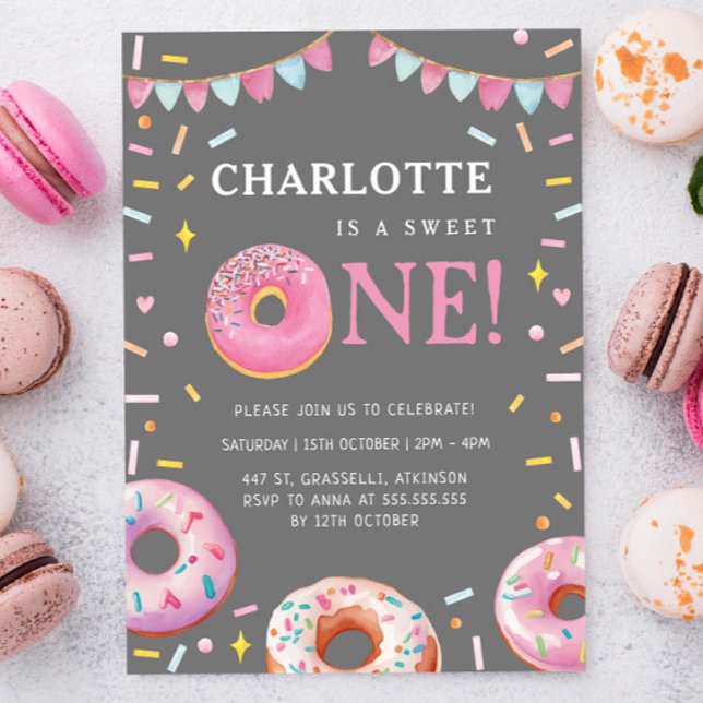 Sweet One Doughnut Pink First Birthday Party Invitation (Creator Uploaded)