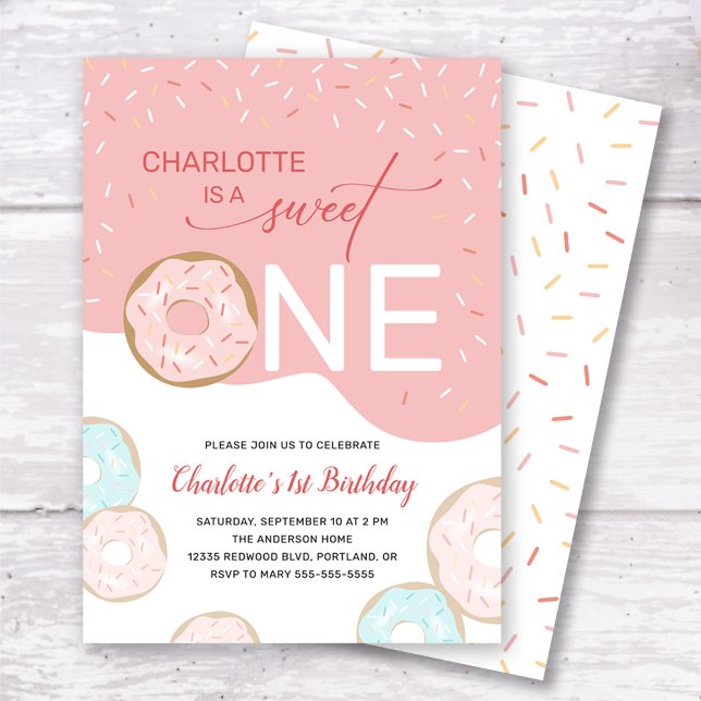Sweet One Doughnut Pink Frosting Girl's 1st Birthd Invitation (Creator Uploaded)