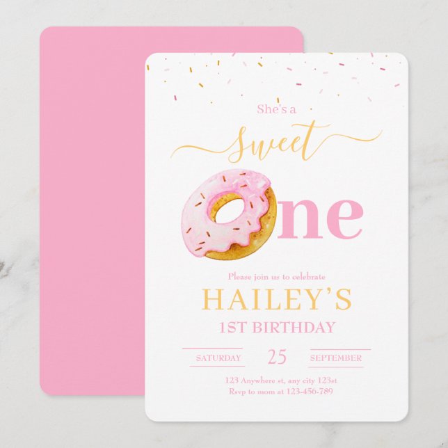Sweet One Doughnuts Birthday Invitation, Girls 1st Invitation (Front/Back)