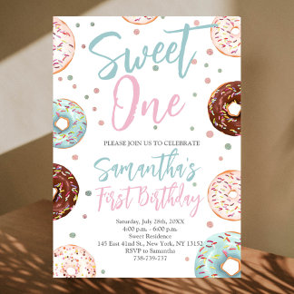 Sweet One Doughnuts Watercolor First Birthday Invitation