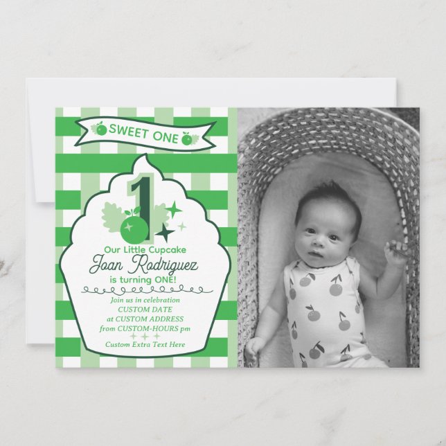 Sweet One First Birthday Gingham Photo Invitations (Front)